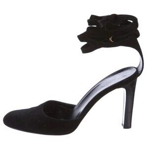 Gucci Black Italian Suede Leather Luxury Leg Wrap Closed Toe Pumps Heels sz 7.5